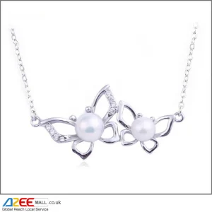 Double Butterfly Silver Freshwater Pearl Pendant Jewellery with Chain