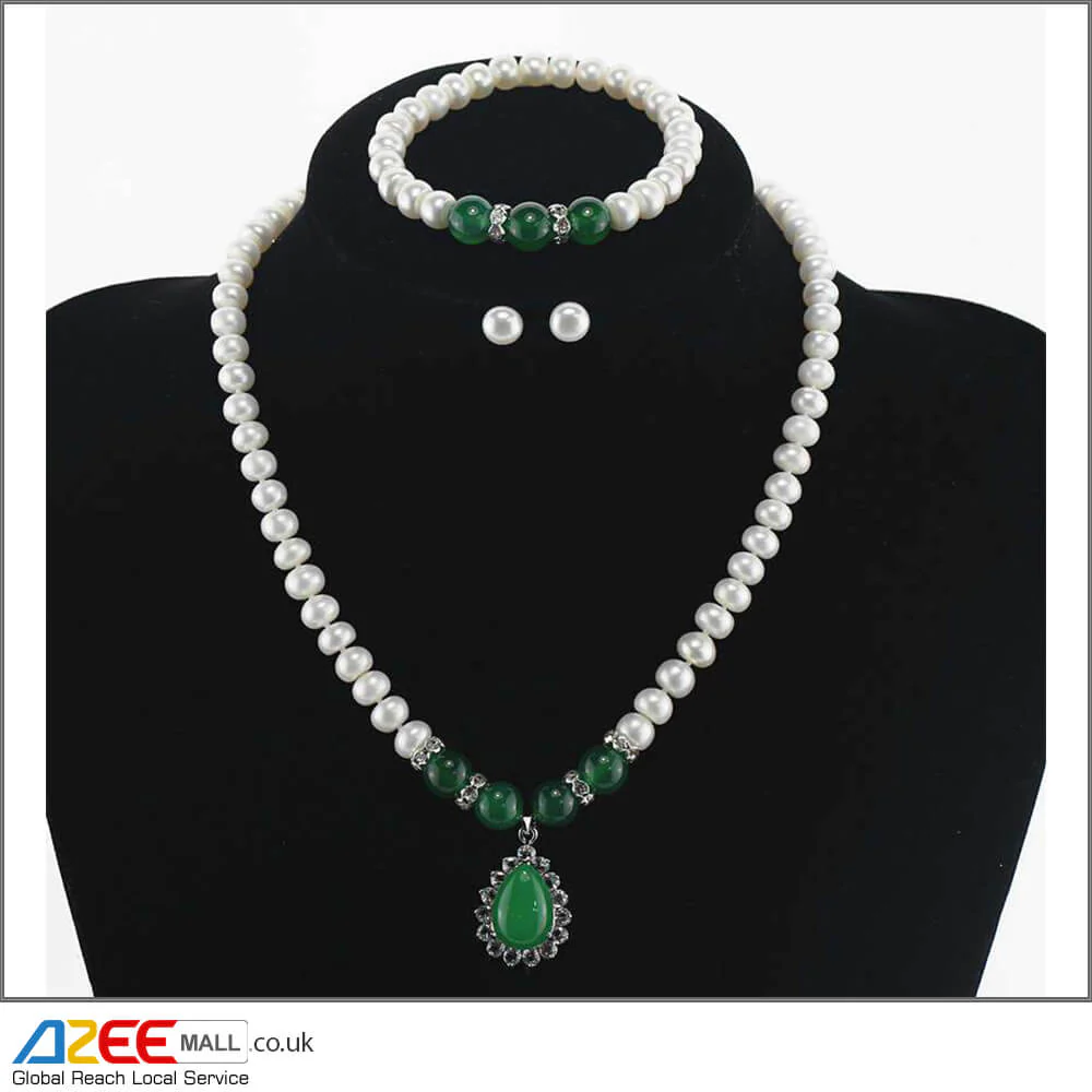 Natural Freshwater Pearl, Green Stone Jewellery Set